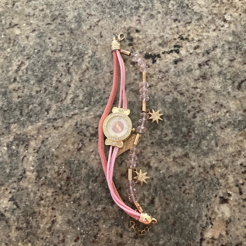 Cardcaptor Sakura Anime Sun Moon Star Pink and Gold Bracelet Bangle Wrist Watch
